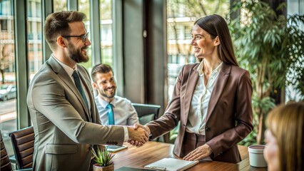 Poster - colleagues handshake in office businesswoman