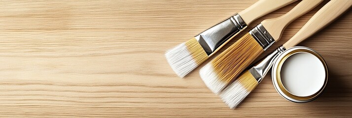 Paintbrushes and white paint can on wooden surface: DIY home improvement concept. Renovation tools for refreshing interiors, ready for creative projects.