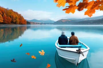 Two people sitting in a boat on a serene lake surrounded by autumn colors, enjoying the stunning fall foliage and peaceful water reflections.