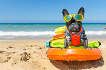 A black French bulldog wearing sunglasses and a life vest sits on a bright orange float on a sandy beach