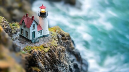 Miniature Lighthouse on Rocky Cliff with Tiny Waves