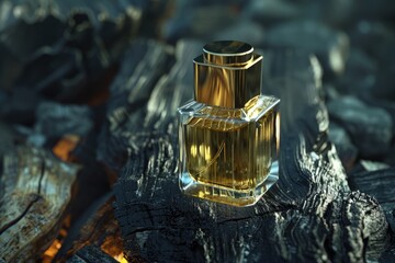 Womens perfume on coal background closeup.