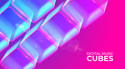 Poster - Digital neon glowing cyber cubes. Musical, gaming, technology, background with glowing 3d objects.