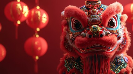 Wall Mural - Traditional Chinese lion dance costume with lanterns