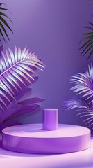 Wall Mural - Vibrant purple product display podium surrounded by stylized palm leaves, creating a tropical and luxurious atmosphere for showcasing beauty or cosmetic items.