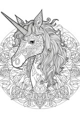 Ornate black and white illustration of a unicorn's head with flowing mane and intricate patterns adorning its face