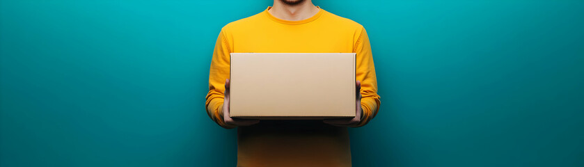 Fototapete - Person with Delivery Box and Smiling Customer Service concept as A person holding a delivery box with a bright smile set against a clean background offering ample space for text or graphics symbolizin