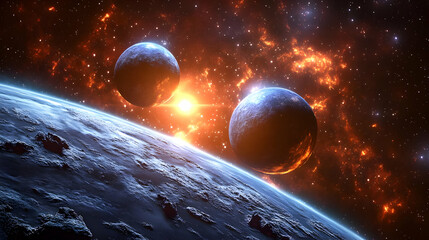 Wall Mural - a view of an icy planet with a fiery nebula and two other planets in the background.