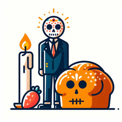 Flat Pan de Muerto and Candle Vector concept as A vector image featuring a traditional pan de muerto and a lit candle isolated on a white background. This clean and minimalistic design highlights the 