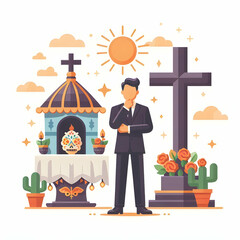 Flat Altar and Cross Isolated Vector concept as A vector design of a traditional Dia de Muertos altar accompanied by a cross both isolated on a white background. This illustration represents the spiri