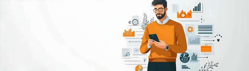 Wall Mural - Man Using Mobile Banking for Investment concept as A man using a mobile banking app on his smartphone for investment set against a plain background with space for text or graphics. in  Simple flat vec