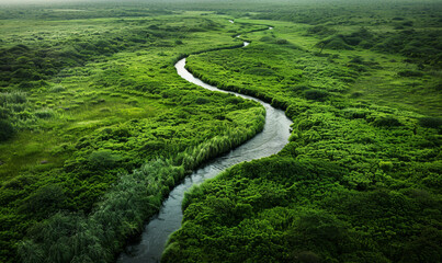 Wall Mural - A drone view of the river in the woods. An aerial view of an autumn forest. Winding river among the trees. Turquoise mountain water.