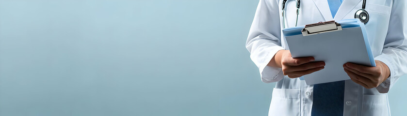 Fototapete - Person with Stethoscope and Medical Chart for Health Service concept as A person holding a stethoscope and medical chart set against a blank background providing space for text or graphics symbolizing
