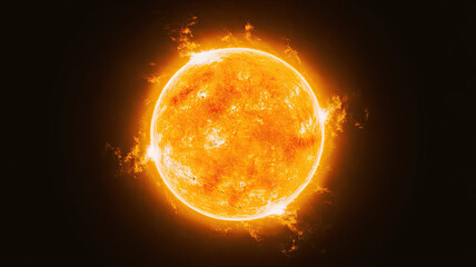 bright yellow sun isolated on a black background, featuring visible solar flares, with a dark void s