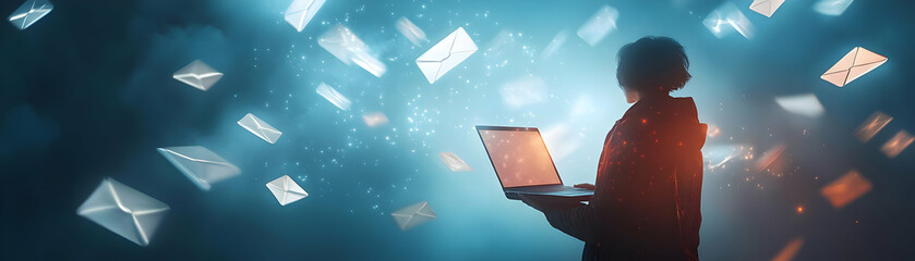 Fototapete - Person with Magic Laptop and Floating Emails concept as A person holding a magic laptop with floating emails set against a blank background offering space for text or graphics symbolizing email servic