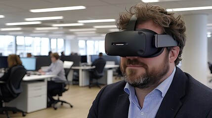 Wall Mural - In a contemporary office space, a man wears a VR headset, deeply engaged in a virtual experience, surrounded by focused colleagues working on various tasks.