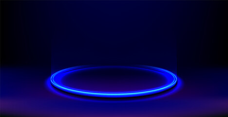 Glowing neon circle pedestal. Futuristic energy product stand. Magic portal. Round teleport podium.