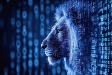 A digital illustration of a lion's profile integrated with binary code, symbolizing strength and technology in a futuristic, cyber-themed design.