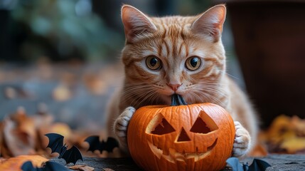 A ginger cat sitting behind a carved jack-o-lantern against a backdrop of warm, glowing fairy lights and bat-shaped decorations