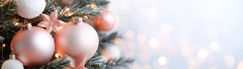Close-up of pink Christmas ornaments on a fir tree branch with white bokeh background.