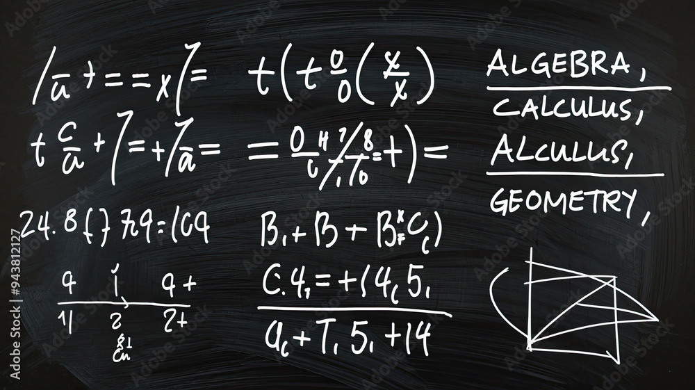 Math equations written in white chalk on a dark chalkboard background, showcasing various mathematical formulas and symbols in a classic educational setting