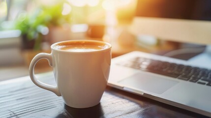 Steaming coffee mug on wooden desk with laptop, bathed in warm morning sunlight streaming through window, creating cozy work atmosphere.