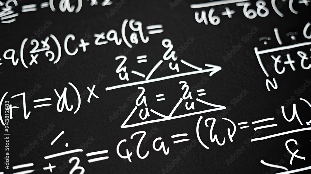 Math equations written in white chalk on a dark chalkboard background ...