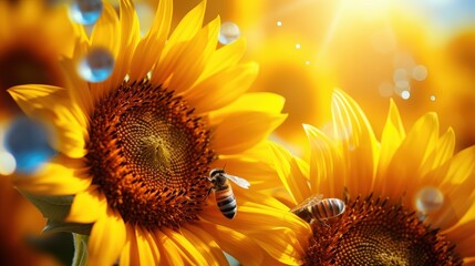 Canvas Print - Sunny Day with Bees on Sunflowers