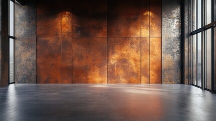 Poster - 3D rendering of an empty abstract room interior featuring rusted metal sheets and an illuminated architectural background