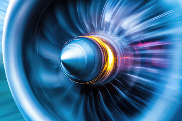 Poster - A mesmerizing close-up of an airplane turbine, showcasing a stunning blend of metallic colors in motion, invoking aviation power.