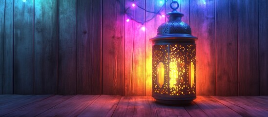 Poster - 3D rendering of a Moroccan style metal lantern displayed against a wooden background