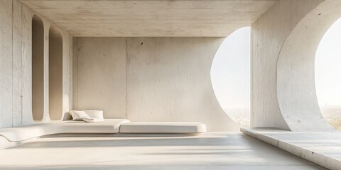 Poster - Abstract interior design featuring white and concrete elements with a window showcasing 3D rendering