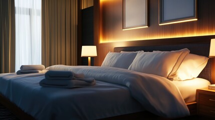 Poster - 3D rendering of a hotel room featuring night lamps and bedding arrangement