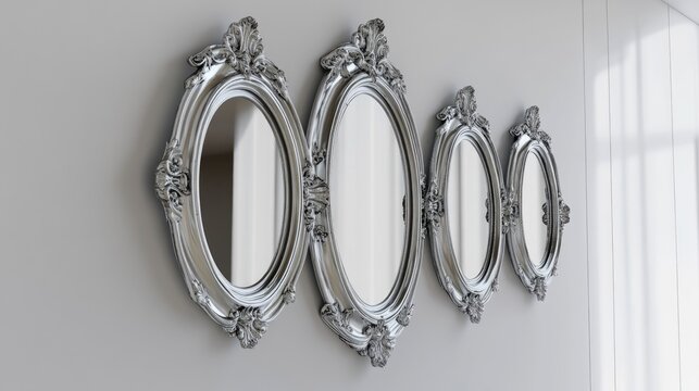 3D rendering of three mirrors featuring thick ornamental frames displayed on a white wall