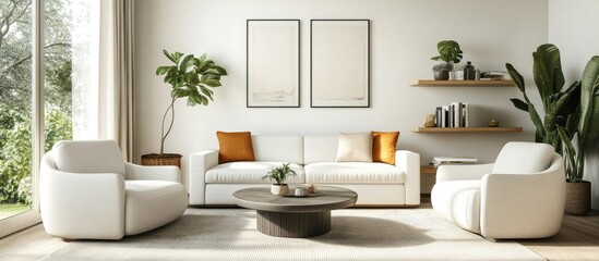 White living room interior featuring a sofa armchairs coffee table and shelf with art decoration complemented by a carpet on hardwood floor and a panoramic window Mockup of an empty white wall 3D r