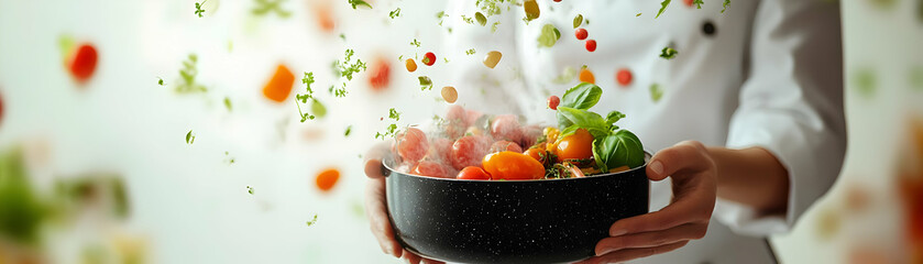Fototapete - Person with Magic Cooking Pot and Floating Ingredients concept as A person holding a magic cooking pot with floating ingredients set against a clean background providing space for text or graphics sym