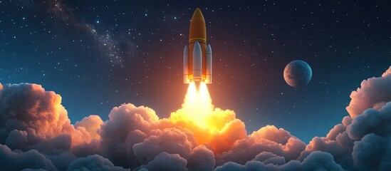 Poster - Successful launch of a space rocket into outer space in a 3D cartoon rendering Spaceship lifting off into a starry sky symbolizing travel and exploration of other planets