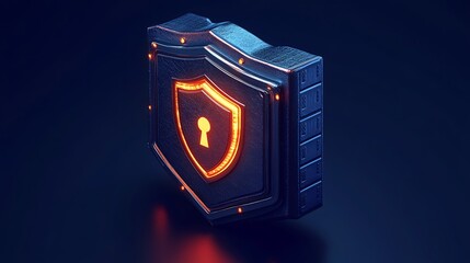 Poster - 3D illustration of a glowing shield with a keyhole, representing cybersecurity, data protection, and online security.