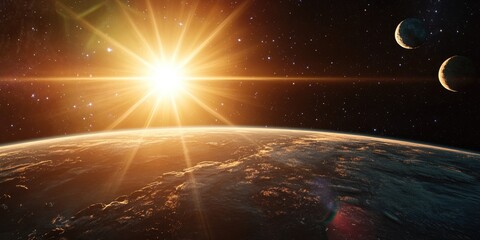 Wall Mural - 3D illustration featuring the Sun Moon and Earth with lens flare effect