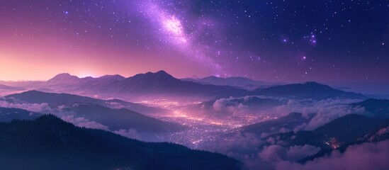 Poster - Cartoon rendering in 3D of the Milky Way above fog covered mountains during autumn nights Scenic alpine valley landscape features low clouds a purple starry sky with the Milky Way and city lights b