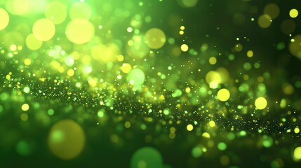 Poster - Abstract bright green glowing background with flying dots circles bokeh energy particles and light rays in a 3D cartoon rendering