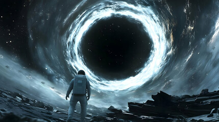 Wall Mural - an astronaut stands on a rocky surface, gazing at a large, swirling black hole in space.