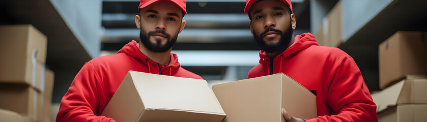 Fototapete - Two Couriers with Delivery Boxes and Clipboards concept as Two couriers holding delivery boxes and clipboards set against a clean background offering ample space for text or graphics symbolizing effic
