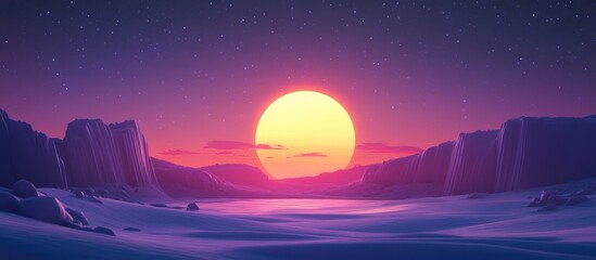 Wall Mural - 3D cartoon depiction of a sunrise and stars over a natural landmark
