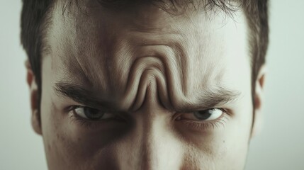 Wall Mural - Close-up of a man's forehead with deeply furrowed brows, showing intense focus or anger.

