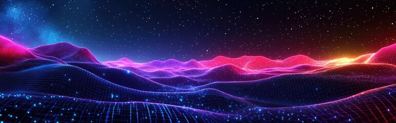 Abstract landscape in a dark background featuring a star horizon cyberspace grid and a high tech network in an outer space setting 3D cartoon rendering Starry outer space texture 3D illustration