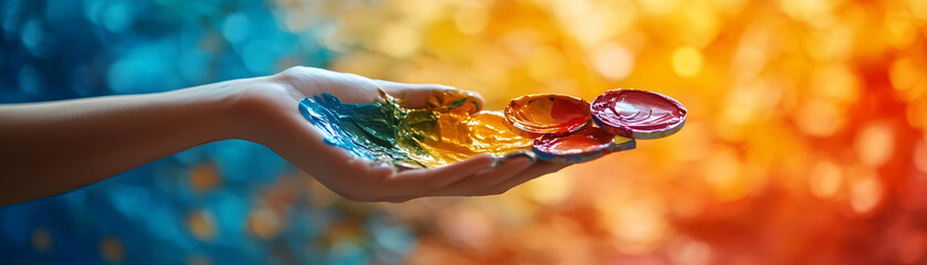 Fototapete - Person with Magic Paintbrush and Floating Color Palettes concept as A person holding a magic paintbrush with floating color palettes set against a clean background providing space for text or graphics