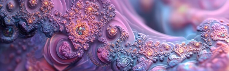 Poster - Abstract fractal patterns and shapes in a 3D cartoon rendering Dynamic flowing natural forms featuring flowers and spirals create a mysterious psychedelic relaxation pattern