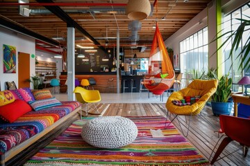 a living room filled with lots of colorful furniture