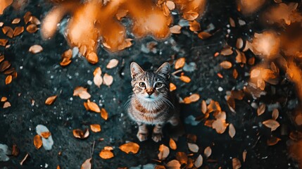 A cat is sitting on a pile of leaves and looking at the camera and has a curious expression